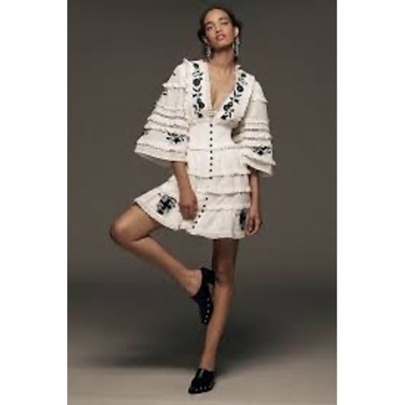 Anthropologie Dresses & Skirts - Anthropologie Embroidered V-Neck Ruffled Mini Dress White Black Floral XXS